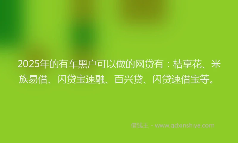 2025年的有车黑户可以做的网贷有：桔享花、米族易借、闪贷宝速融、百兴贷、闪贷速借宝等。
