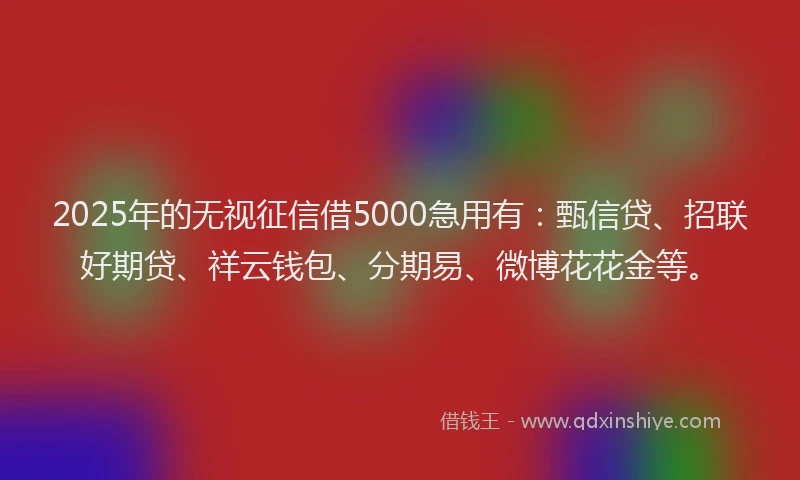 2025年的无视征信借5000急用有：甄信贷、招联好期贷、祥云钱包、分期易、微博花花金等。