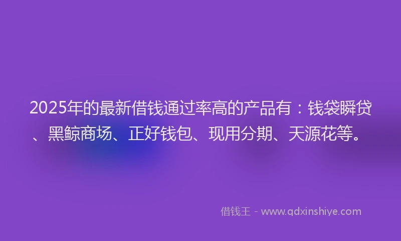 2025年的最新借钱通过率高的产品有：钱袋瞬贷、黑鲸商场、正好钱包、现用分期、天源花等。