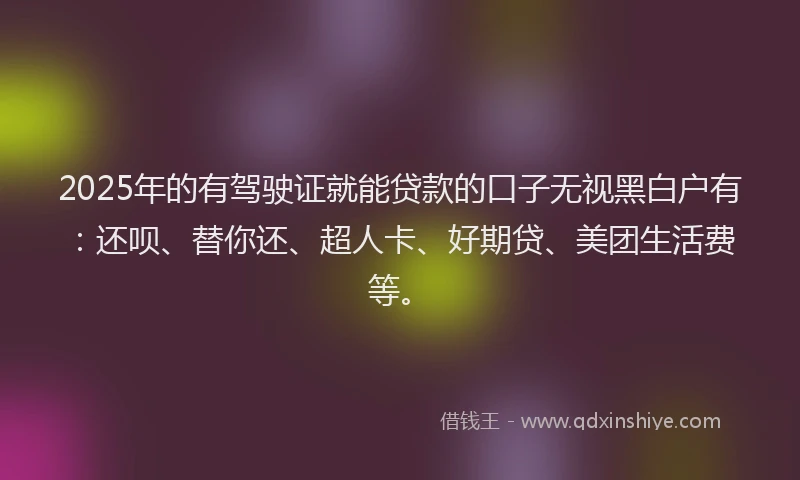 2025年的有驾驶证就能贷款的口子无视黑白户有：还呗、替你还、超人卡、好期贷、美团生活费等。
