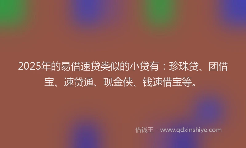 2025年的易借速贷类似的小贷有：珍珠贷、团借宝、速贷通、现金侠、钱速借宝等。