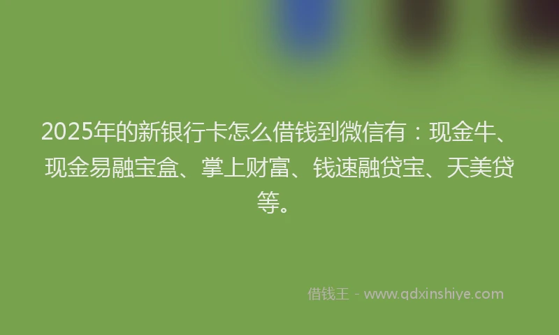 2025年的新银行卡怎么借钱到微信有：现金牛、现金易融宝盒、掌上财富、钱速融贷宝、天美贷等。