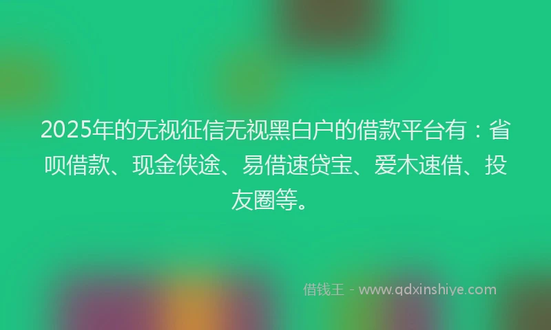 2025年的无视征信无视黑白户的借款平台有：省呗借款、现金侠途、易借速贷宝、爱木速借、投友圈等。