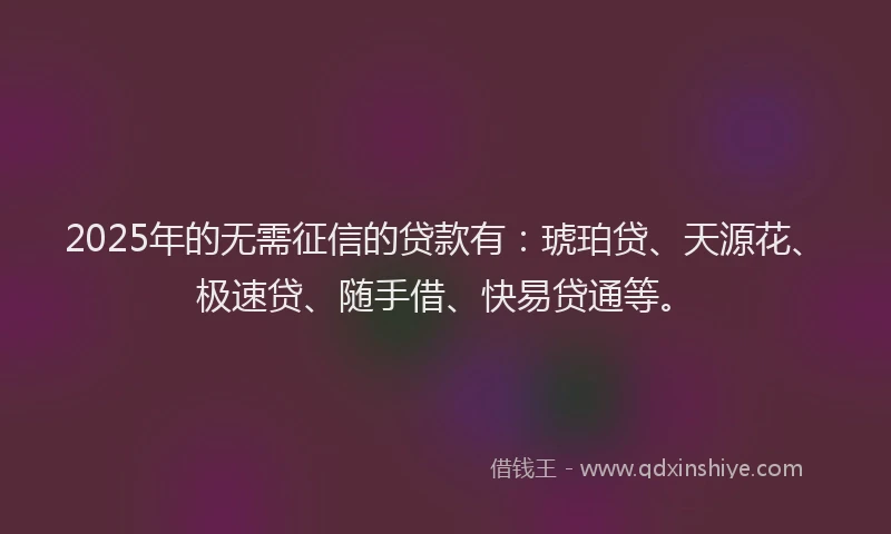2025年的无需征信的贷款有：琥珀贷、天源花、极速贷、随手借、快易贷通等。