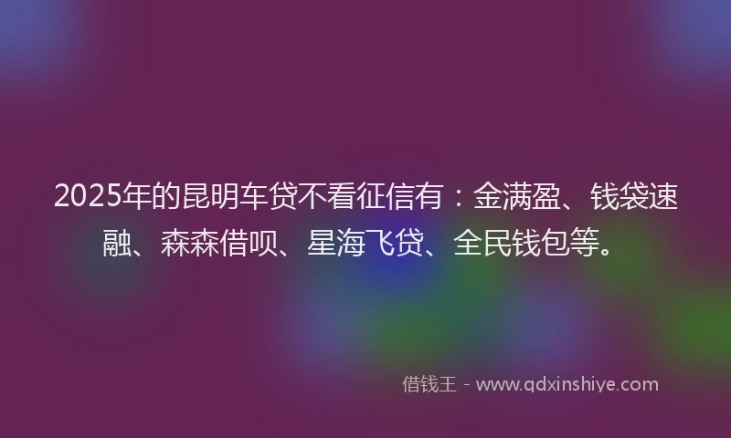 2025年的昆明车贷不看征信有：金满盈、钱袋速融、森森借呗、星海飞贷、全民钱包等。