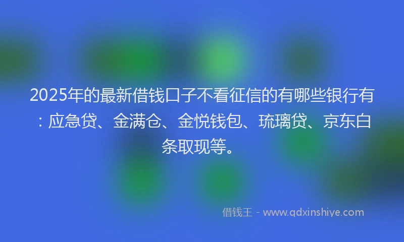 2025年的最新借钱口子不看征信的有哪些银行有：应急贷、金满仓、金悦钱包、琉璃贷、京东白条取现等。