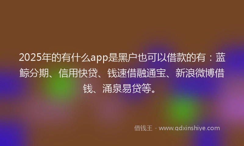 2025年的有什么app是黑户也可以借款的有：蓝鲸分期、信用快贷、钱速借融通宝、新浪微博借钱、涌泉易贷等。
