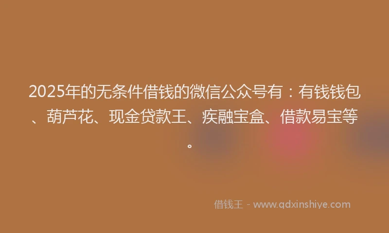 2025年的无条件借钱的微信公众号有：有钱钱包、葫芦花、现金贷款王、疾融宝盒、借款易宝等。