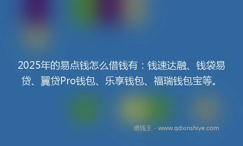 2025年的易点钱怎么借钱有：钱速达融、钱袋易贷、翼贷Pro钱包、乐享钱包、福瑞钱包宝等。