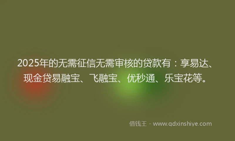2025年的无需征信无需审核的贷款有：享易达、现金贷易融宝、飞融宝、优秒通、乐宝花等。