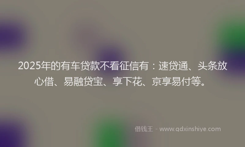 2025年的有车贷款不看征信有：速贷通、头条放心借、易融贷宝、享下花、京享易付等。
