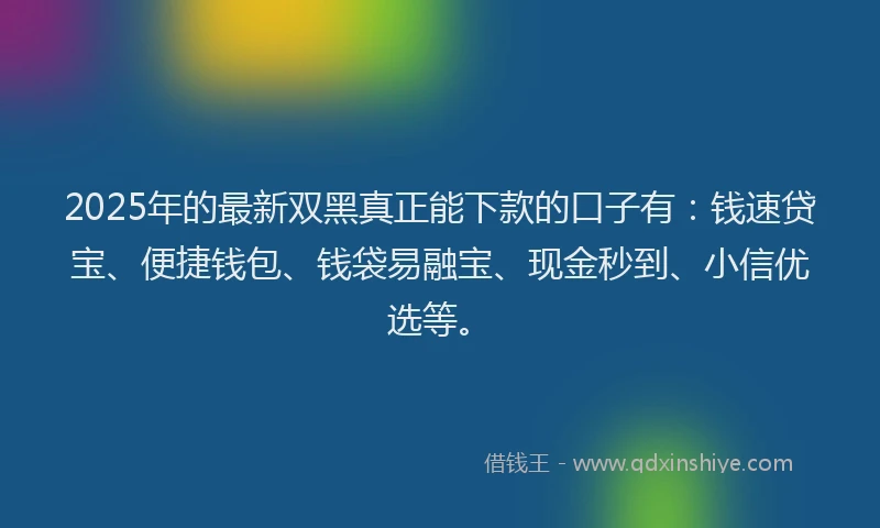 2025年的最新双黑真正能下款的口子有：钱速贷宝、便捷钱包、钱袋易融宝、现金秒到、小信优选等。