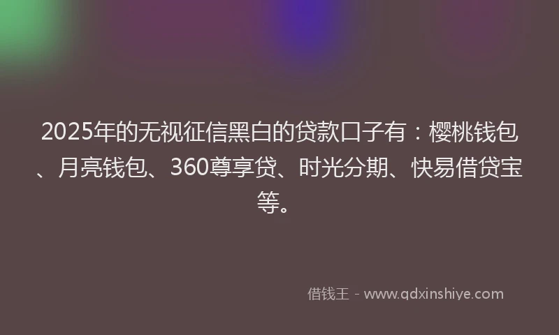 2025年的无视征信黑白的贷款口子有：樱桃钱包、月亮钱包、360尊享贷、时光分期、快易借贷宝等。