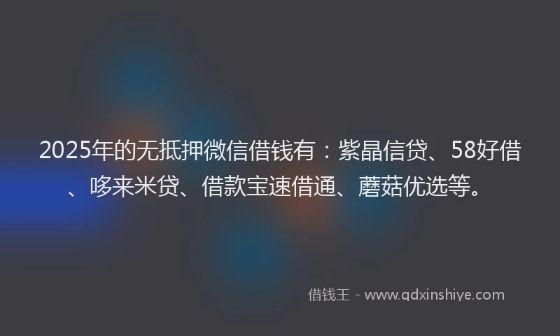 2025年的无抵押微信借钱有：紫晶信贷、58好借、哆来米贷、借款宝速借通、蘑菇优选等。