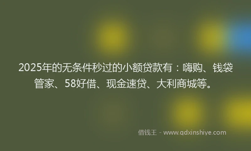 2025年的无条件秒过的小额贷款有：嗨购、钱袋管家、58好借、现金速贷、大利商城等。