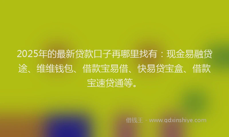 2025年的最新贷款口子再哪里找有：现金易融贷途、维维钱包、借款宝易借、快易贷宝盒、借款宝速贷通等。