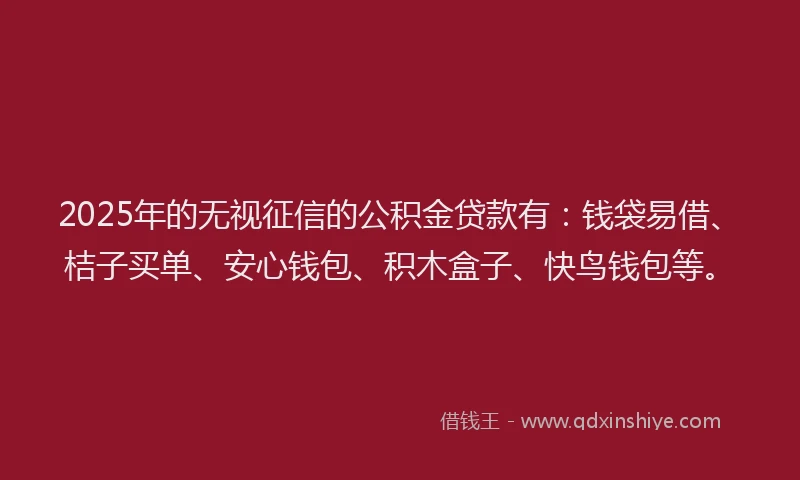 2025年的无视征信的公积金贷款有：钱袋易借、桔子买单、安心钱包、积木盒子、快鸟钱包等。