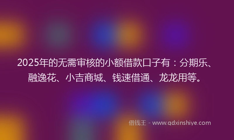 2025年的无需审核的小额借款口子有：分期乐、融逸花、小吉商城、钱速借通、龙龙用等。
