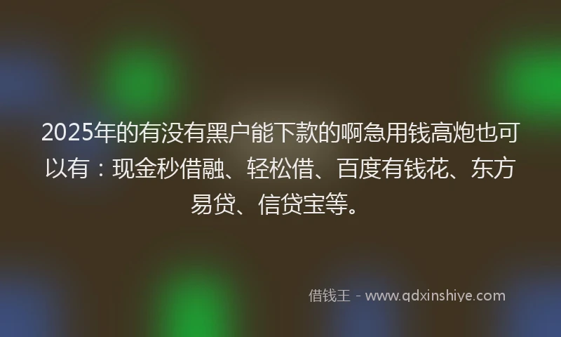 2025年的有没有黑户能下款的啊急用钱高炮也可以有：现金秒借融、轻松借、百度有钱花、东方易贷、信贷宝等。