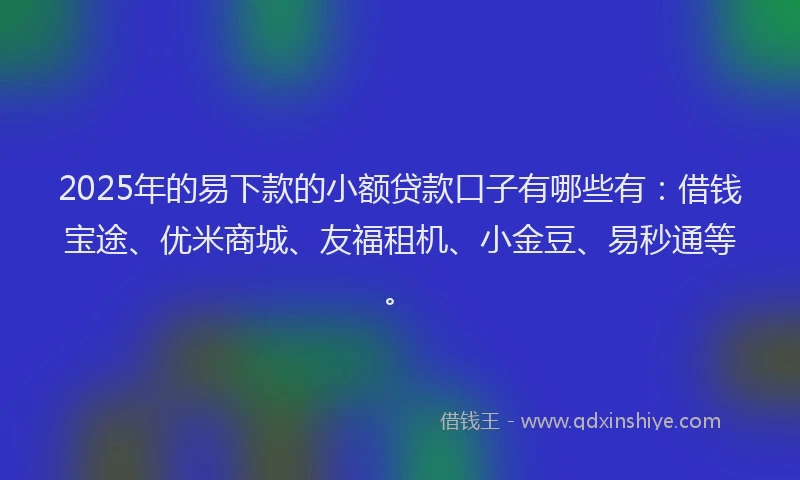 2025年的易下款的小额贷款口子有哪些有：借钱宝途、优米商城、友福租机、小金豆、易秒通等。