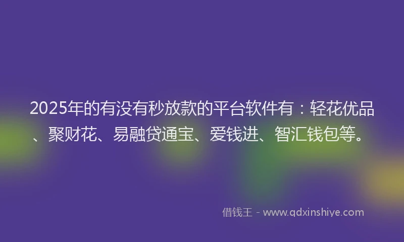 2025年的有没有秒放款的平台软件有：轻花优品、聚财花、易融贷通宝、爱钱进、智汇钱包等。