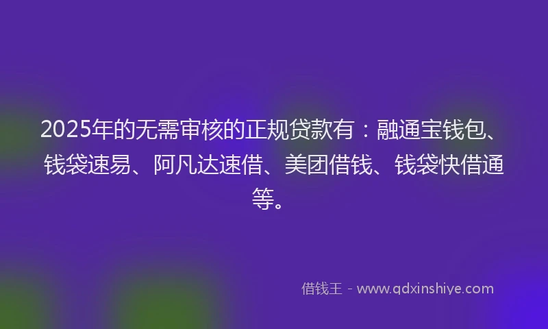 2025年的无需审核的正规贷款有：融通宝钱包、钱袋速易、阿凡达速借、美团借钱、钱袋快借通等。