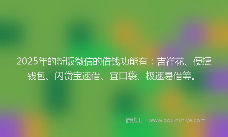 2025年的新版微信的借钱功能有：吉祥花、便捷钱包、闪贷宝速借、宜口袋、极速易借等。