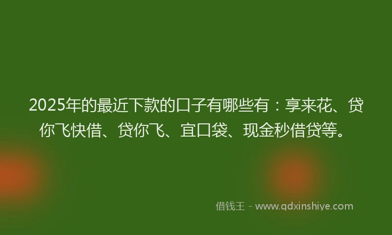 2025年的最近下款的口子有哪些有：享来花、贷你飞快借、贷你飞、宜口袋、现金秒借贷等。