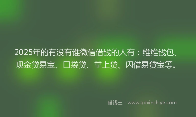 2025年的有没有谁微信借钱的人有：维维钱包、现金贷易宝、口袋贷、掌上贷、闪借易贷宝等。