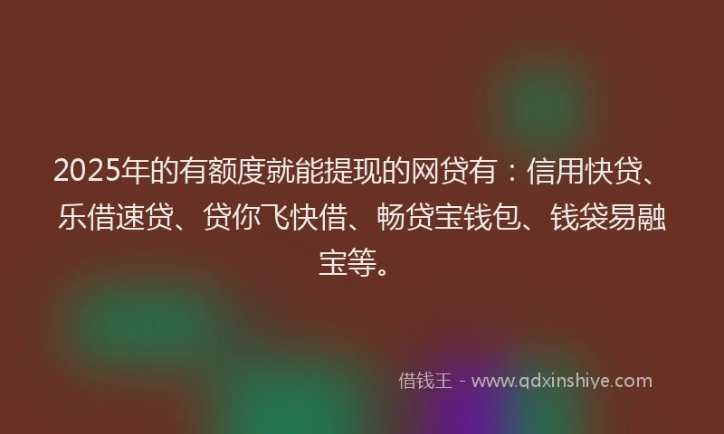 2025年的有额度就能提现的网贷有：信用快贷、乐借速贷、贷你飞快借、畅贷宝钱包、钱袋易融宝等。