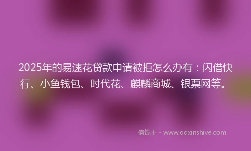 2025年的易速花贷款申请被拒怎么办有：闪借快行、小鱼钱包、时代花、麒麟商城、银票网等。