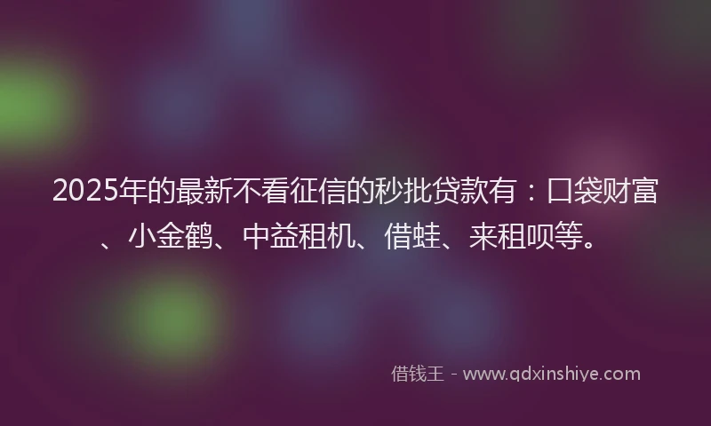 2025年的最新不看征信的秒批贷款有：口袋财富、小金鹤、中益租机、借蛙、来租呗等。