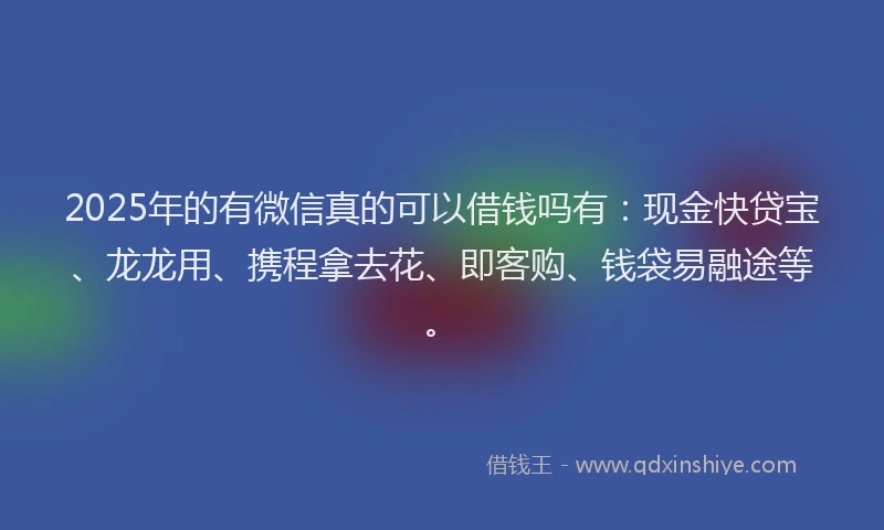 2025年的有微信真的可以借钱吗有：现金快贷宝、龙龙用、携程拿去花、即客购、钱袋易融途等。