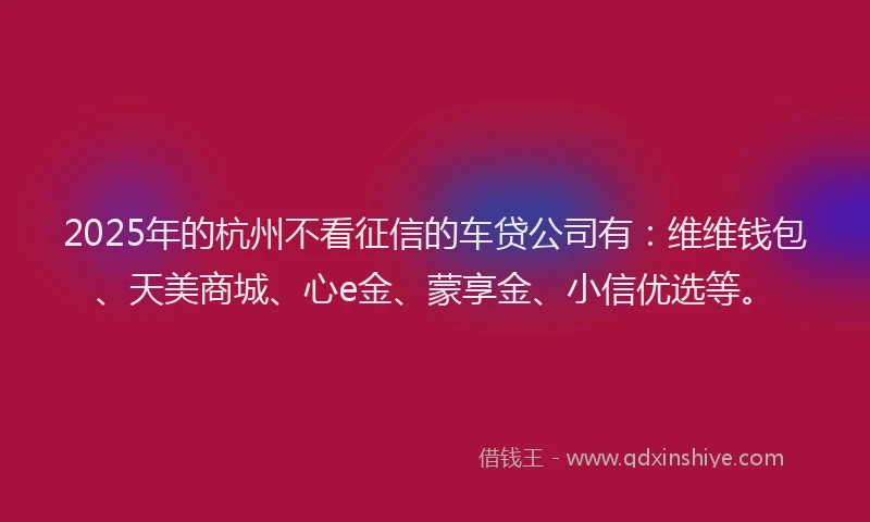 2025年的杭州不看征信的车贷公司有：维维钱包、天美商城、心e金、蒙享金、小信优选等。
