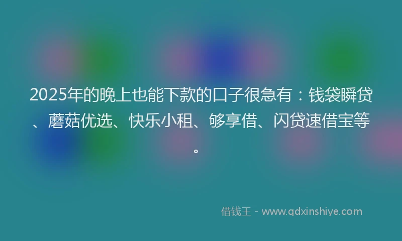2025年的晚上也能下款的口子很急有：钱袋瞬贷、蘑菇优选、快乐小租、够享借、闪贷速借宝等。