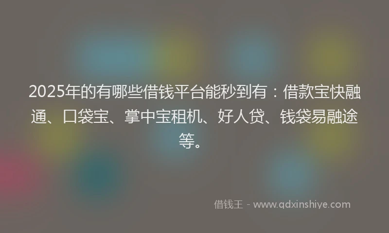 2025年的有哪些借钱平台能秒到有：借款宝快融通、口袋宝、掌中宝租机、好人贷、钱袋易融途等。