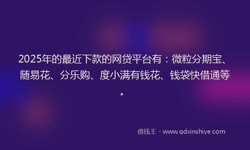 2025年的最近下款的网贷平台有：微粒分期宝、随易花、分乐购、度小满有钱花、钱袋快借通等。
