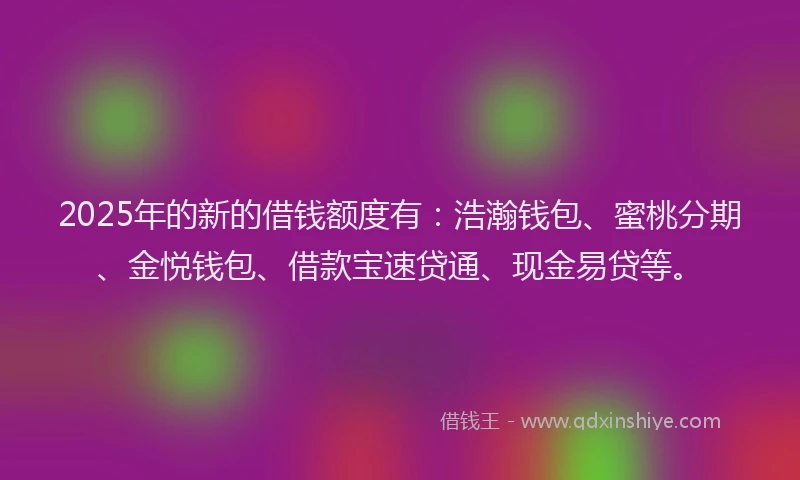 2025年的新的借钱额度有：浩瀚钱包、蜜桃分期、金悦钱包、借款宝速贷通、现金易贷等。
