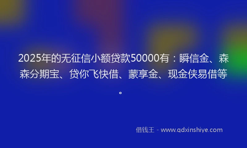 2025年的无征信小额贷款50000有：瞬信金、森森分期宝、贷你飞快借、蒙享金、现金侠易借等。