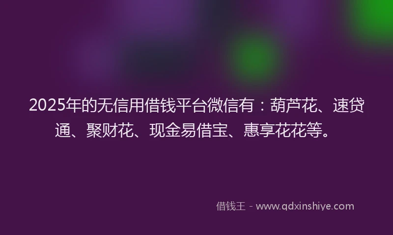 2025年的无信用借钱平台微信有：葫芦花、速贷通、聚财花、现金易借宝、惠享花花等。