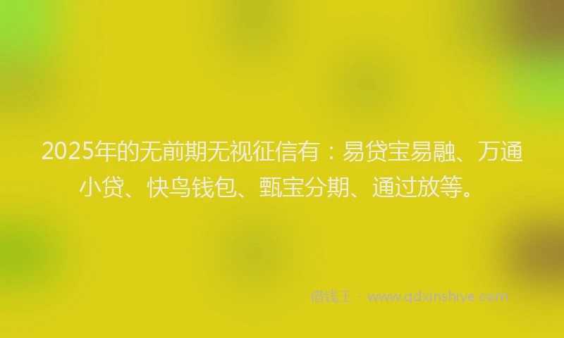 2025年的无前期无视征信有：易贷宝易融、万通小贷、快鸟钱包、甄宝分期、通过放等。
