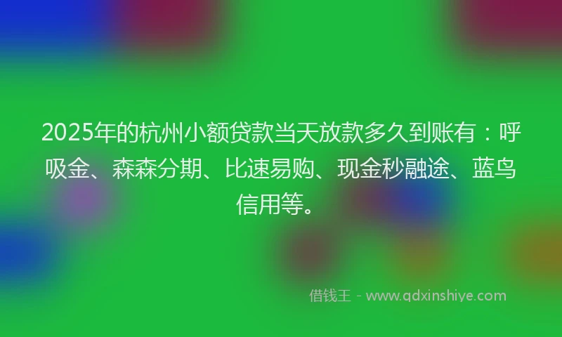 2025年的杭州小额贷款当天放款多久到账有：呼吸金、森森分期、比速易购、现金秒融途、蓝鸟信用等。
