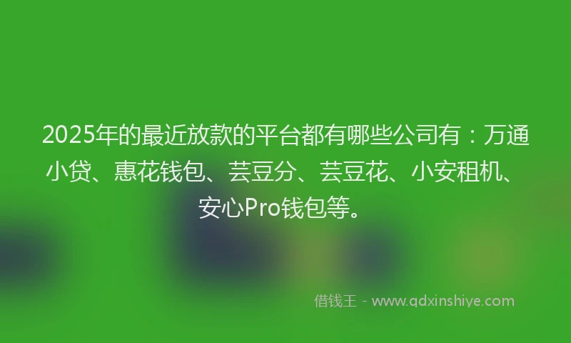 2025年的最近放款的平台都有哪些公司有：万通小贷、惠花钱包、芸豆分、芸豆花、小安租机、安心Pro钱包等。