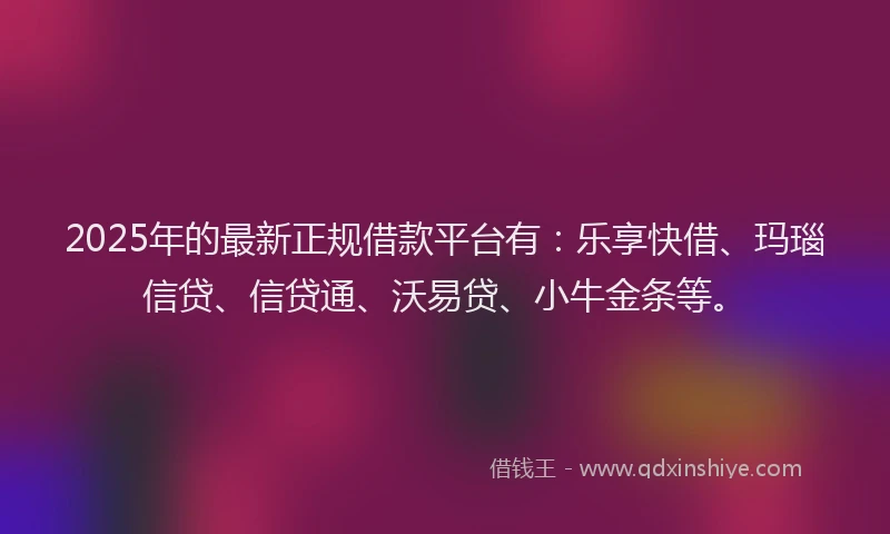 2025年的最新正规借款平台有：乐享快借、玛瑙信贷、信贷通、沃易贷、小牛金条等。
