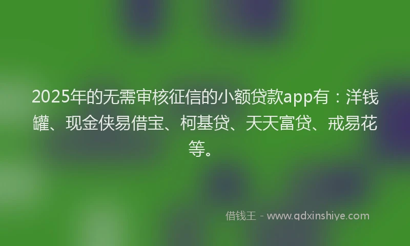 2025年的无需审核征信的小额贷款app有：洋钱罐、现金侠易借宝、柯基贷、天天富贷、戒易花等。