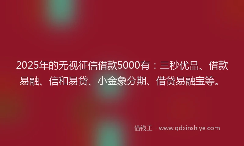 2025年的无视征信借款5000有：三秒优品、借款易融、信和易贷、小金象分期、借贷易融宝等。