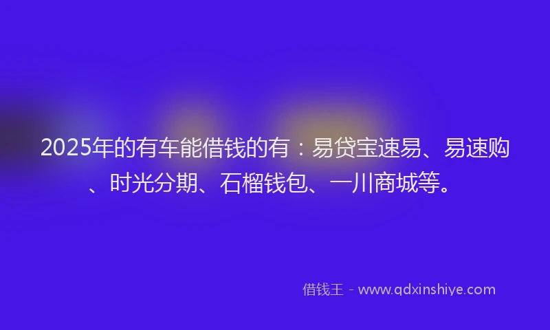2025年的有车能借钱的有：易贷宝速易、易速购、时光分期、石榴钱包、一川商城等。