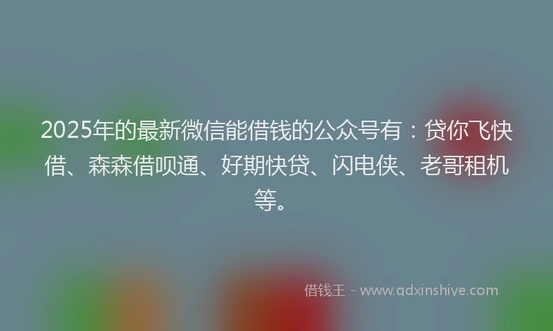 2025年的最新微信能借钱的公众号有：贷你飞快借、森森借呗通、好期快贷、闪电侠、老哥租机等。