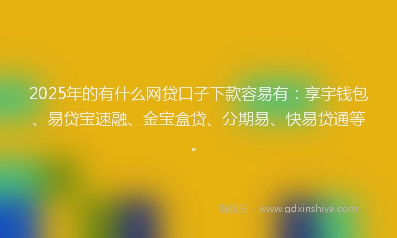 2025年的有什么网贷口子下款容易有：享宇钱包、易贷宝速融、金宝盒贷、分期易、快易贷通等。