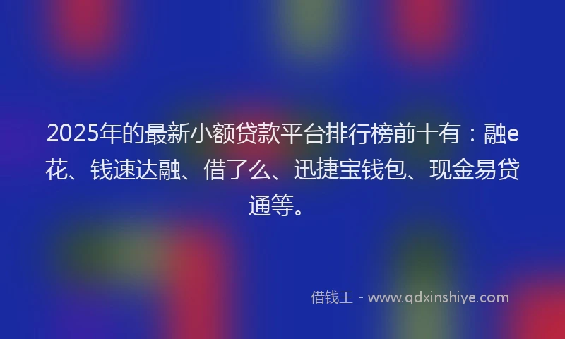 2025年的最新小额贷款平台排行榜前十有：融e花、钱速达融、借了么、迅捷宝钱包、现金易贷通等。